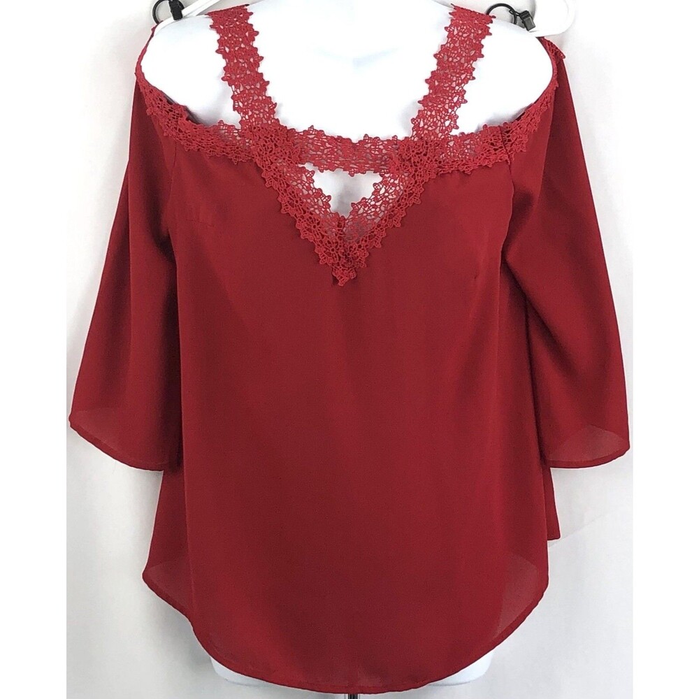 Vintage Chiffon Lace Babydoll Top Red Keyhole Cold Shoulder Flowy 90's Fairy